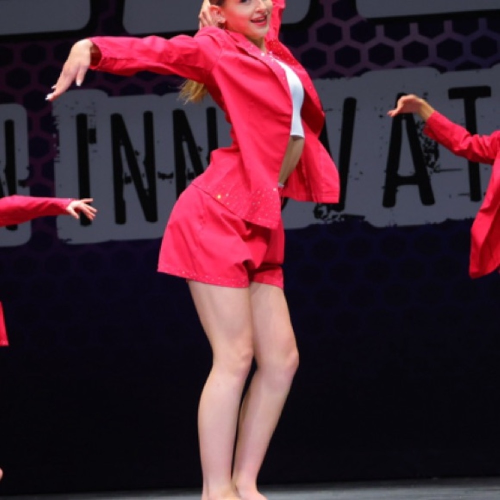 Hot pink blazer and short set embellished with rhinestones for dance costume